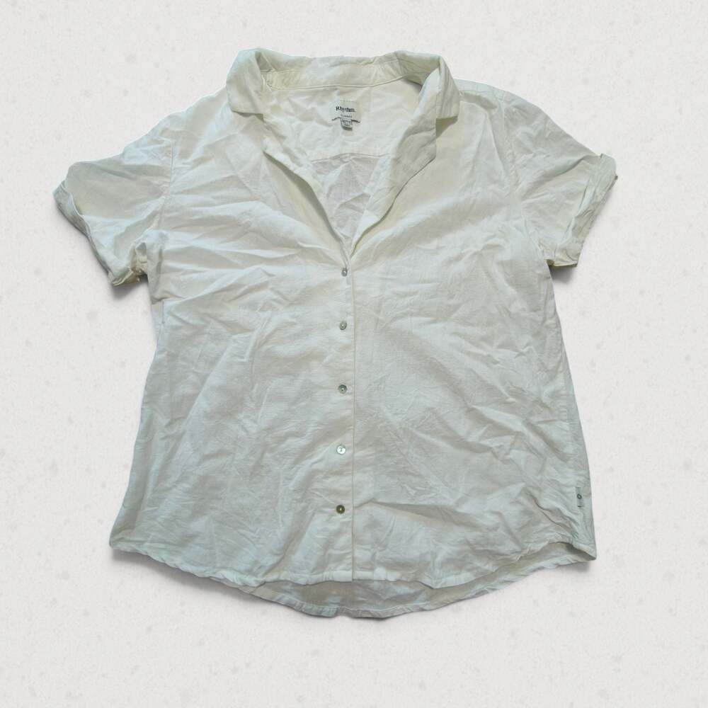 Rhythm Classics Linen Blend Short Sleeve Button Up Shirt White Womens Size L 12